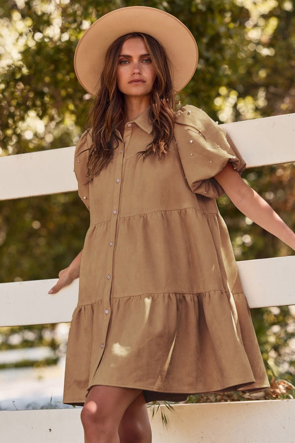 Tired Suede Pearl Mini Dress