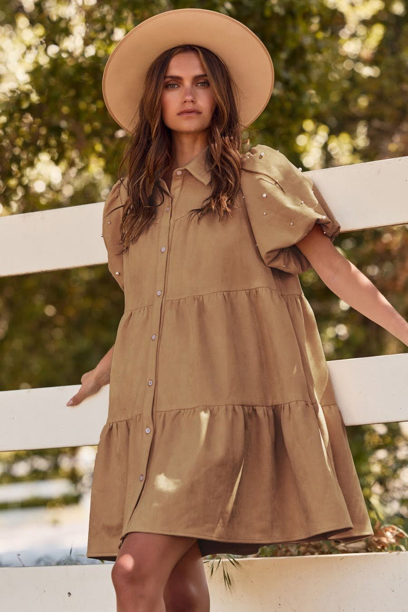 Tired Suede Pearl Mini Dress