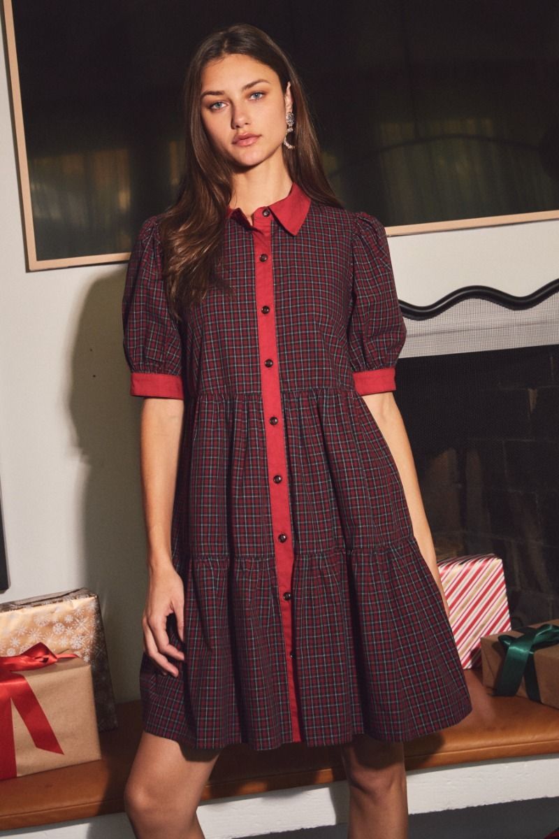 Checkered Plaid Babydoll Dress Kaln Checkered Plaid Babydoll Dress Kaln