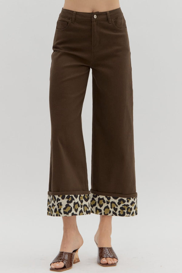 Wide Leg Bottom with Cheetah Cuff - Brown