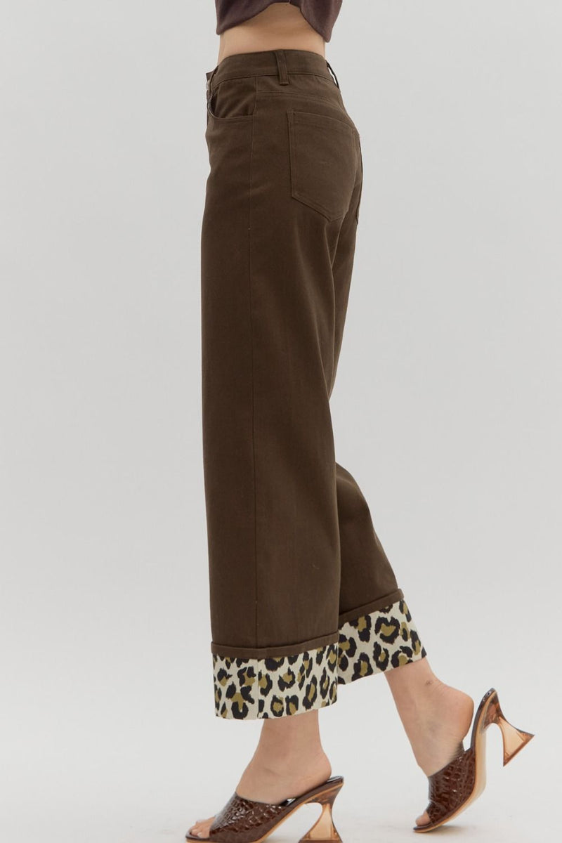 Wide Leg Bottom with Cheetah Cuff - Brown