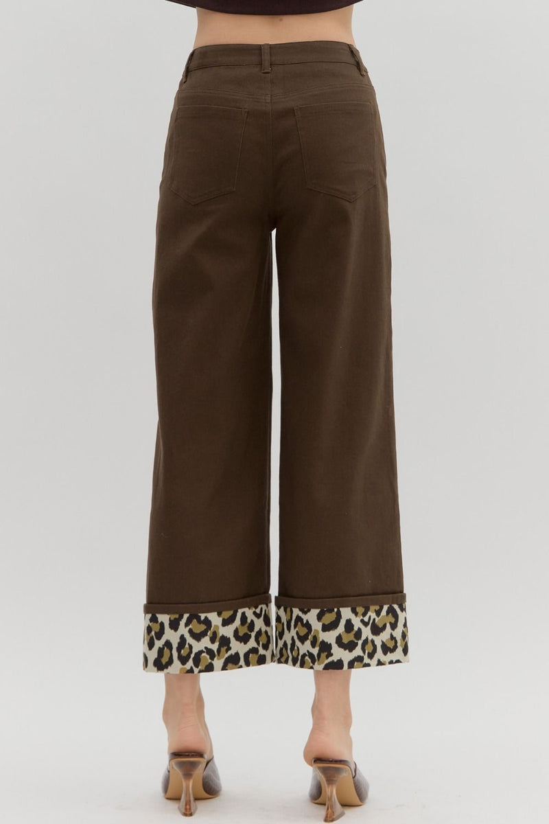 Wide Leg Bottom with Cheetah Cuff - Brown
