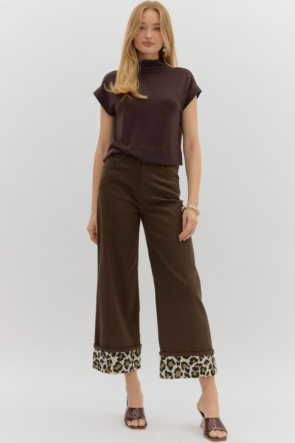 Wide Leg Bottom with Cheetah Cuff - Brown