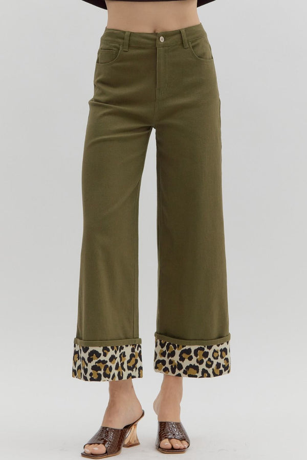 Wide Leg Bottom with Cheetah Cuff - Olive