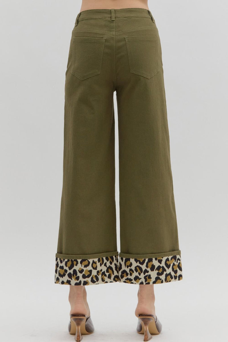 Wide Leg Bottom with Cheetah Cuff - Olive