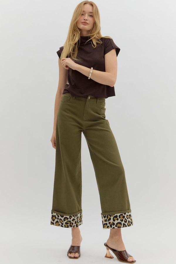Wide Leg Bottom with Cheetah Cuff - Olive