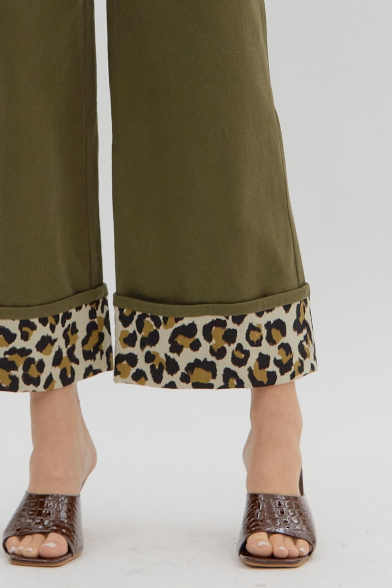Wide Leg Bottom with Cheetah Cuff - Olive