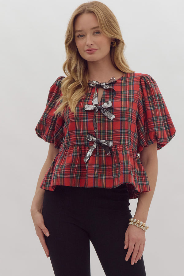 Samantha Plaid Blouse with Bows