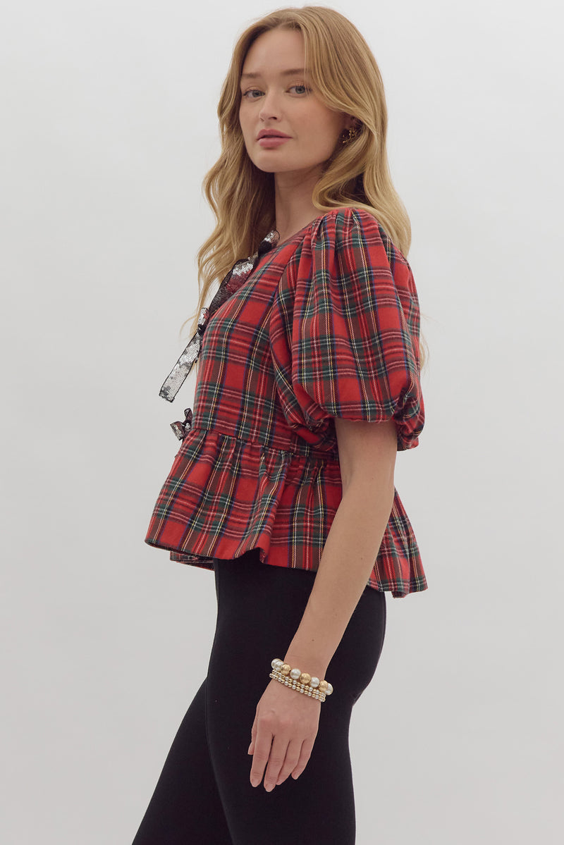 Samantha Plaid Blouse with Bows