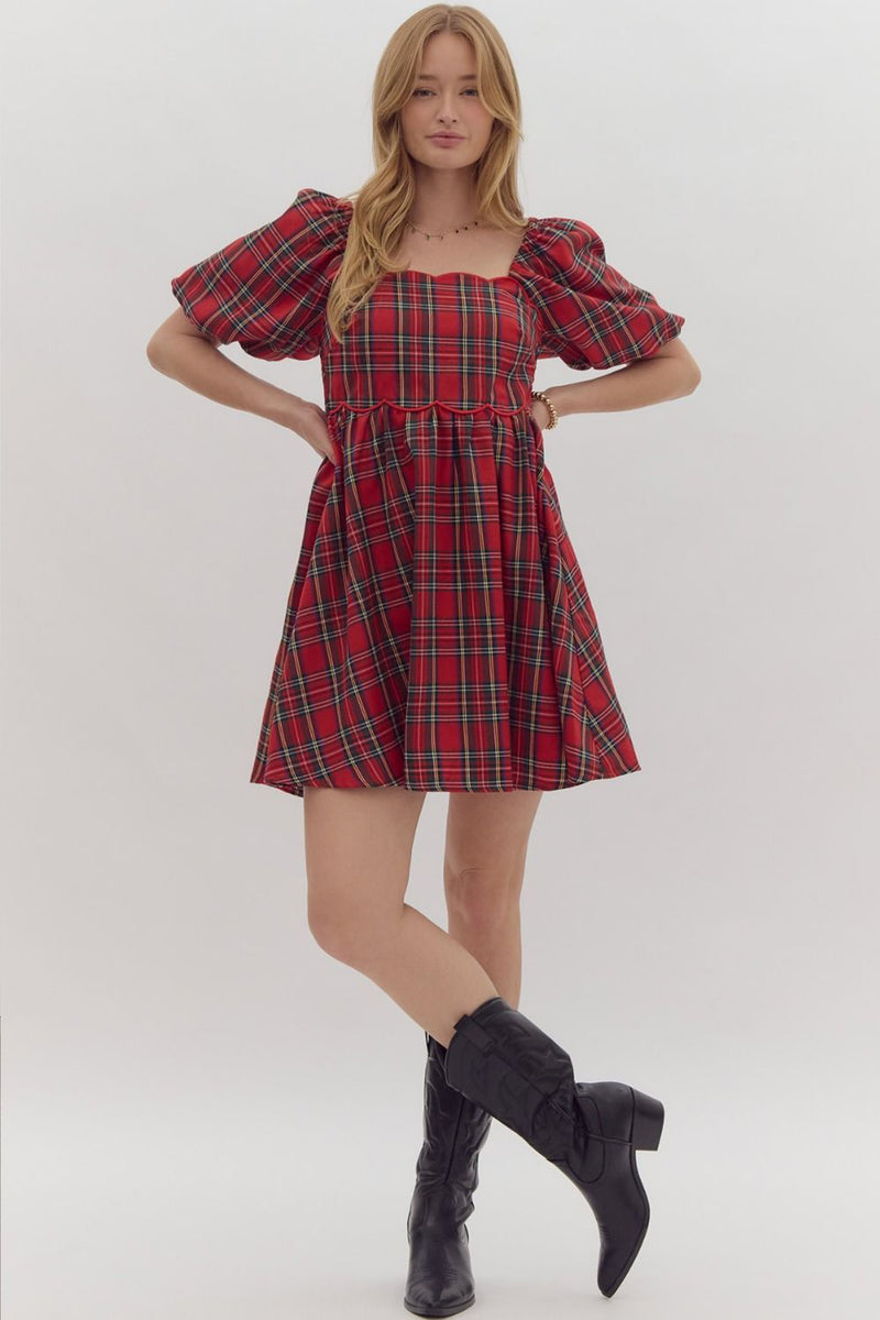 Holiday Plaid Mini Dress in Red