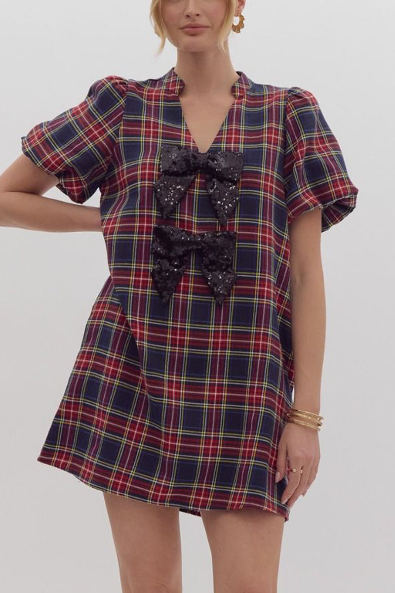 Navy Plaid Dress with Bows