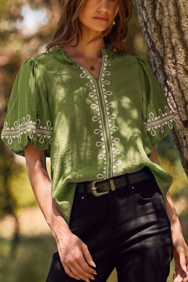 Olive Embroidered Bubble Sleeve Blouse