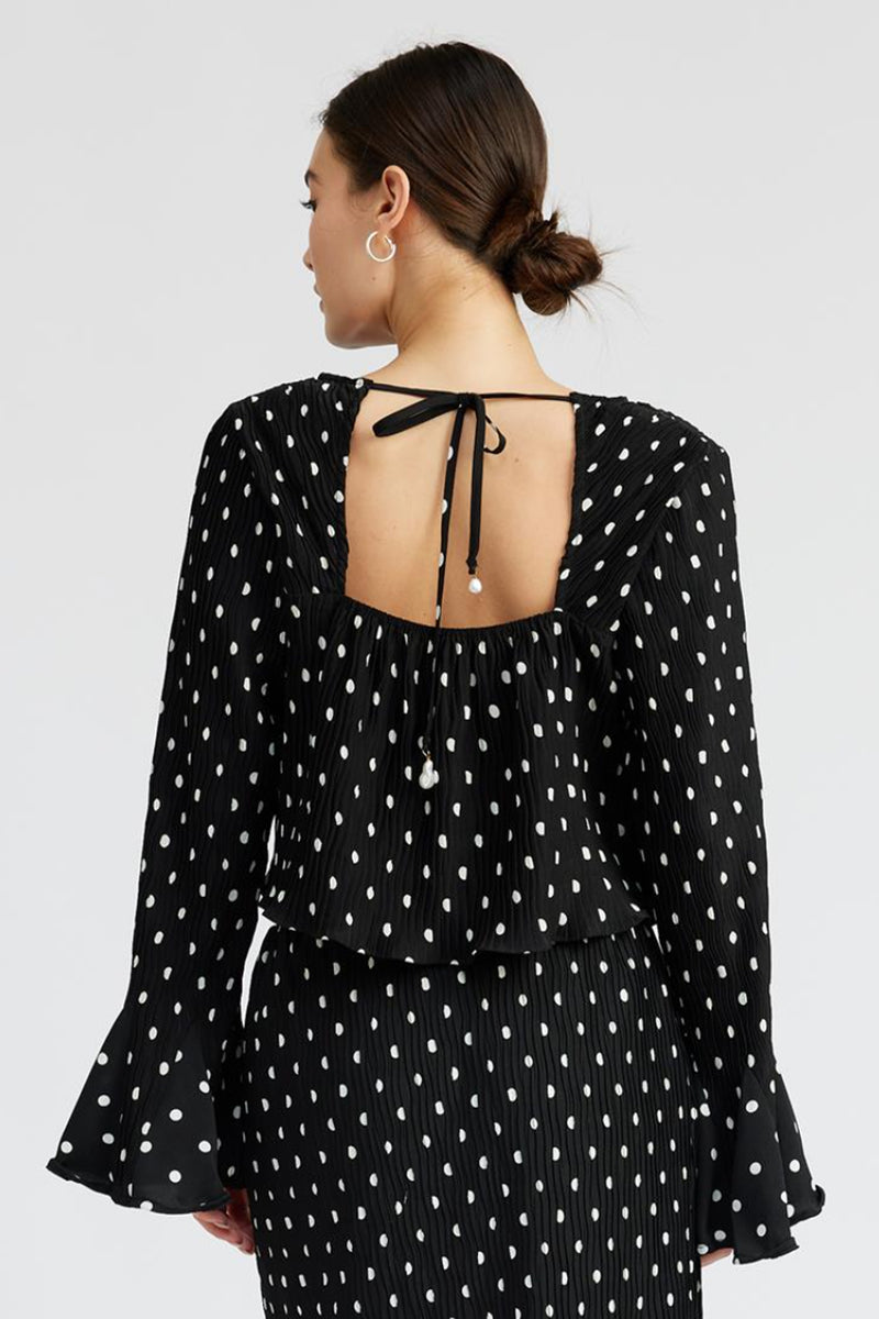 Wave Pleated Dot Blouse with Pearl Detail