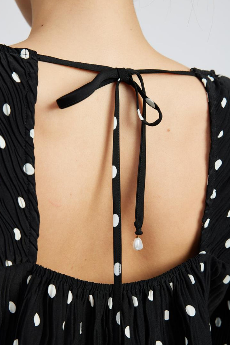 Wave Pleated Dot Blouse with Pearl Detail