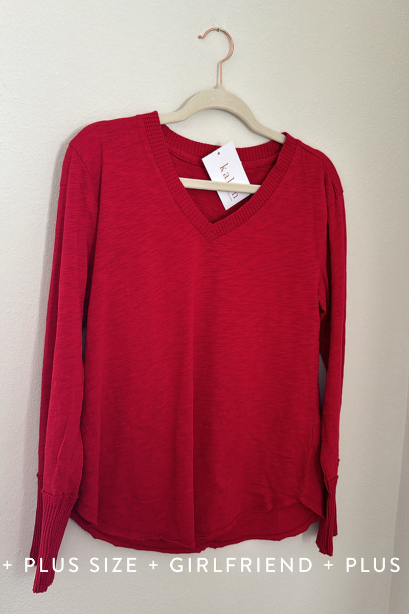 Long Sleeve Waffle Top in Ruby Red