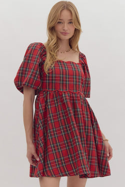 Holiday Plaid Mini Dress in Red