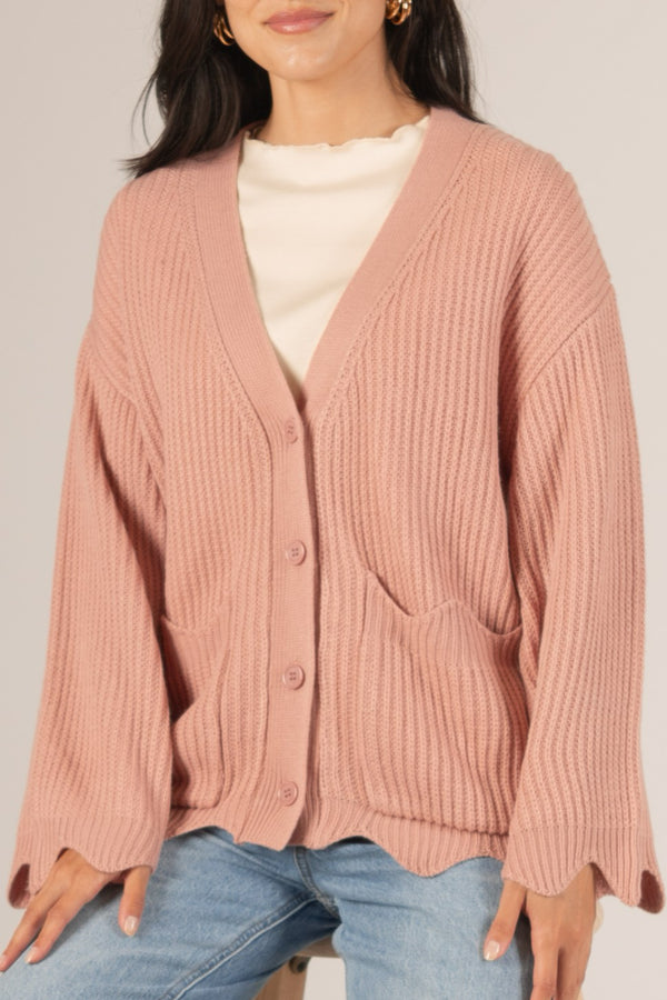 Scalloped Hem Cardigan - Rose