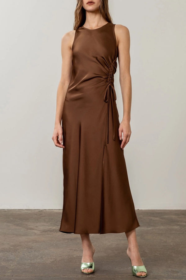 Chocolate Satin Ruched Dress