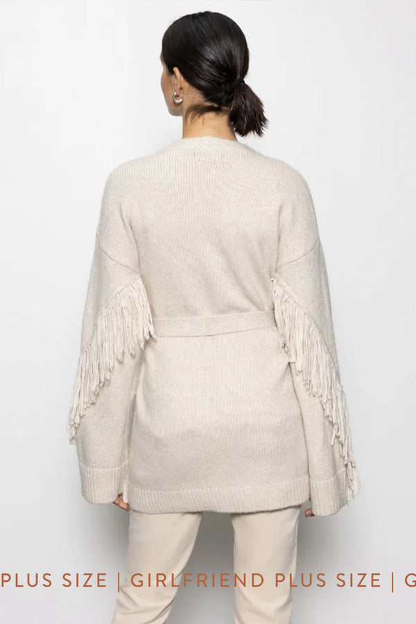 Fringe Belted Cardigan - Heather Oatmeal