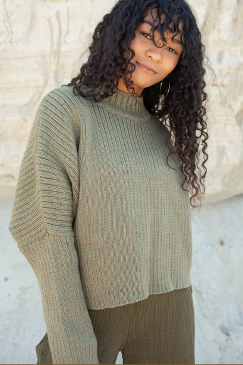 Ribbed Mock Crop Sweater in Olive
